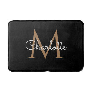 Banheiro Tapete de Banho Elegante Monograma Dourado Preto F