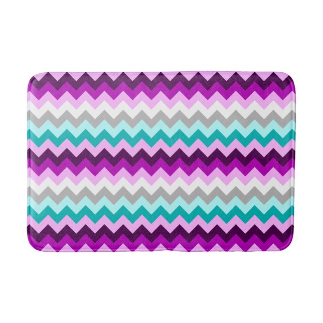 Banheiro Tapete de Banho Médio Chevron Branco Roxo Turquesa (Frente)