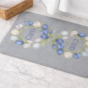 Banheiro Tapete de Banho Monograma Tulipa Azul Floral Elega