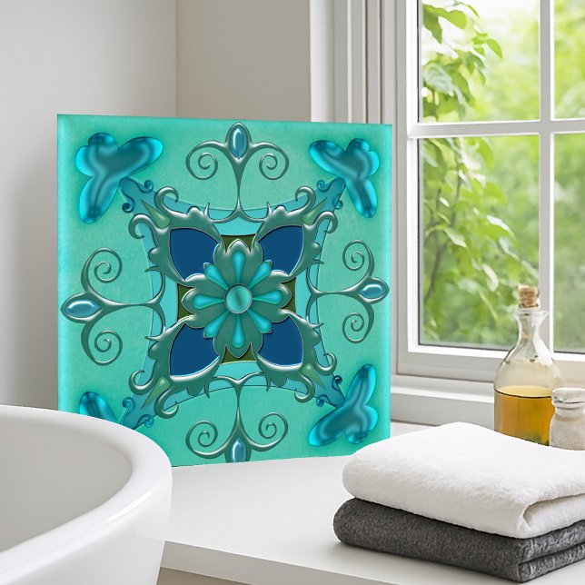 Banheiro Verde Elegante ou Azulejo de cozinha (Artistic tile for bathroom or kitchen featuring a fantasy geometric design in teal and mint green)