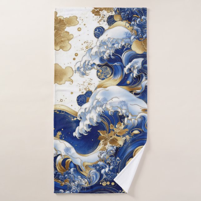 Banho Toalha Trabalho de arte de onda azul e dourada (Toalha de Banho)