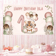 Banner de primeiro aniversario Safari Tigre Rosa C