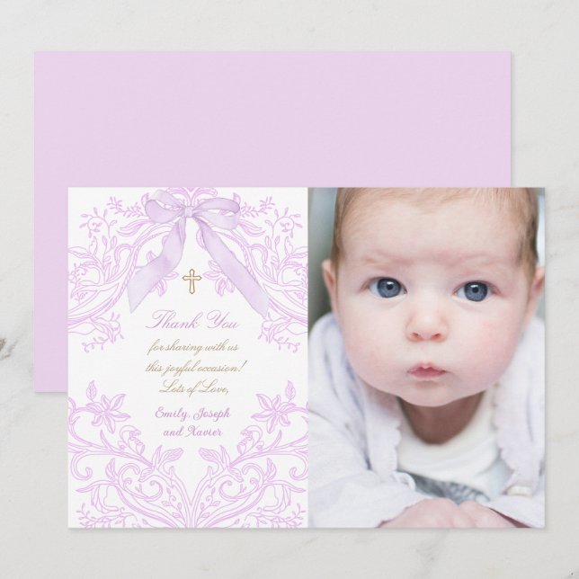 Baptism baby girl lilac design thank you card (Frente/Verso)