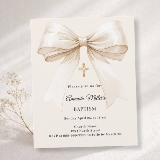 Baptism beige bow elegant invitation (Criador carregado)
