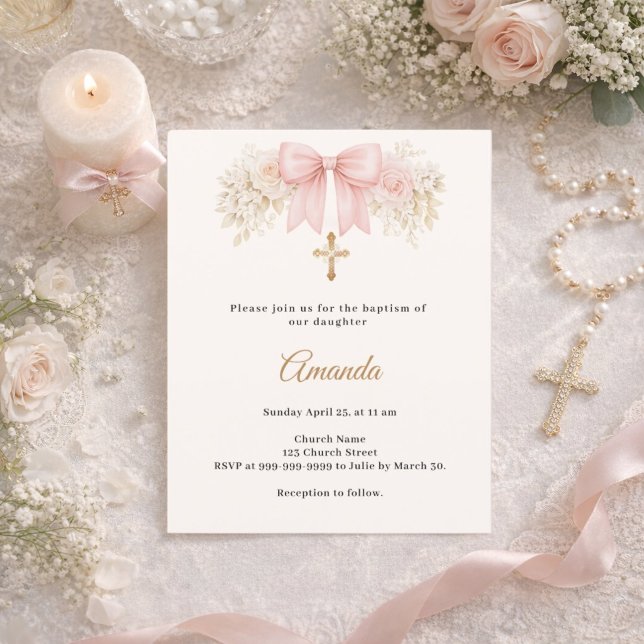 Baptism Bow Blush Pink Florals Cross Invitation (Criador carregado)