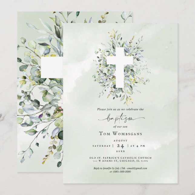 Baptism Convite Greenery (Frente/Verso)