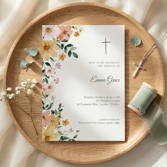 Baptism Invitation Floral Cross Watercolor (Criador carregado)