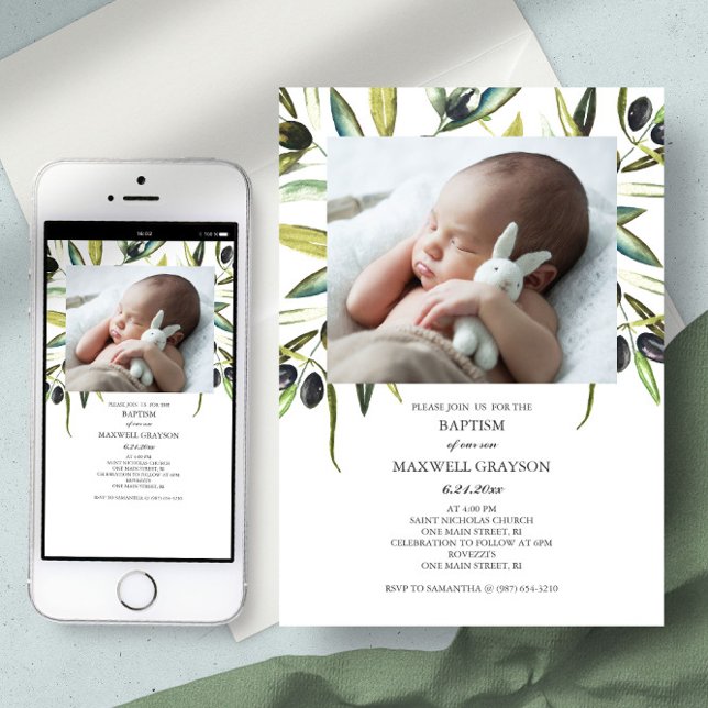 Baptismo Convite Aquarela Gênero Foto Neutra (baptism invitation boho botanical watercolor olive branch )