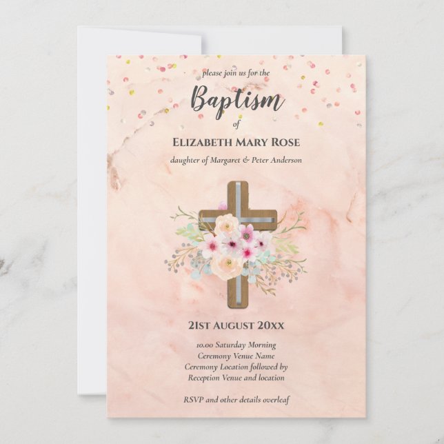 BAPTISMO moderno Christening Bautizo CONVITE FLORA (Frente)