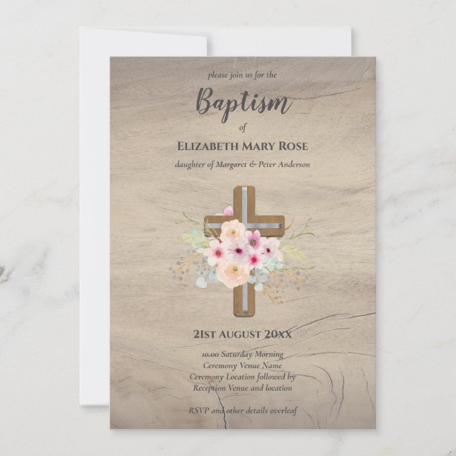 BAPTISMO moderno Christening Bautizo CONVITE FLORA (Frente)
