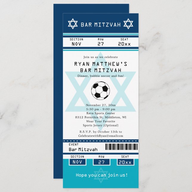 Bar Azul e Teal Mitzvah - Convite para apresentaçã (Frente/Verso)