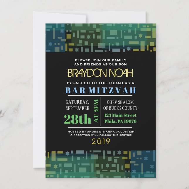 Bar Bat Mitzvah FALTANDO STARS & SQUARES Convite (Frente)