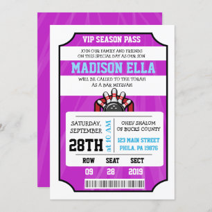 Bar BOLICHE TICKET Bat Mitzvah Convite