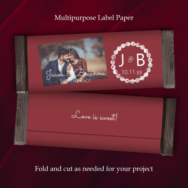 Bar de Casamento Vermelho Burgundy com Foto (burgundy dark red maroon wedding chocolate candy bar wrapper paper label party favor personalized)