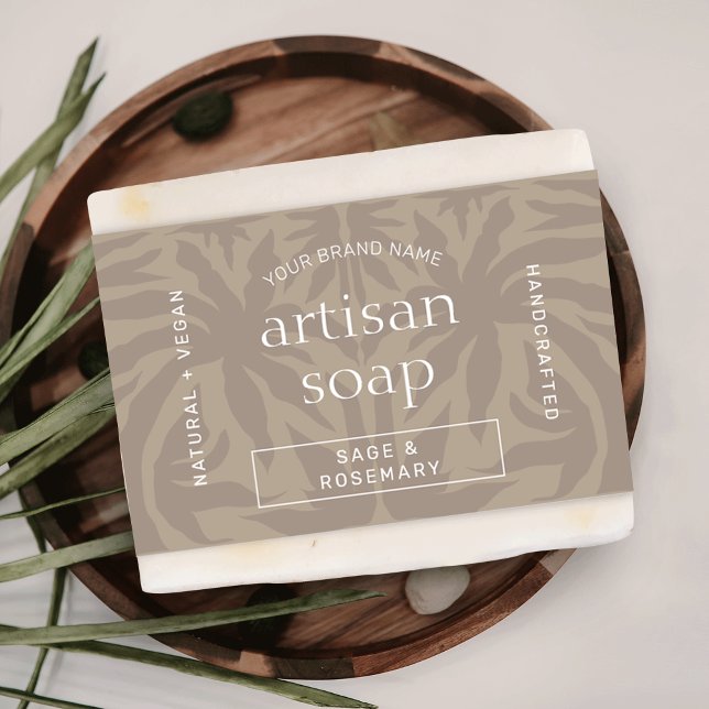Bar de sabão bege neutro moderno enrola-se em torn (Trendy neutral beige soap bar bellyband template with elegant serif fonts and modern layout)