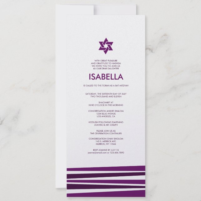 Bar de Tallit Mitzvah em Convite Roxo (Frente)