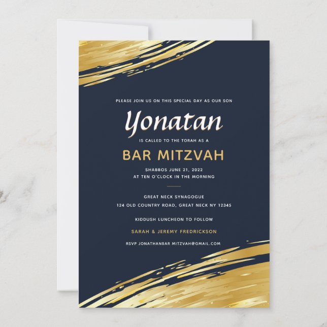 Bar Elegante Mitzvah Marinho Convite Dourado Azul (Verso)
