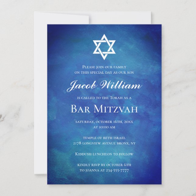 Bar Judeu Mitzvah Blue Watercolor Convite (Frente)