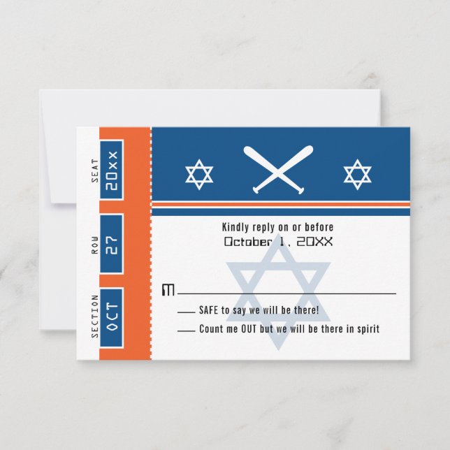 Bar Laranja Azul Mitzvah Baseball Ticket RSVP (Frente)