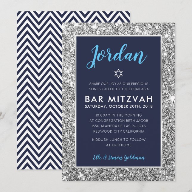 BAR MITZVAH adolescente legal Convite prateado azu (Frente/Verso)
