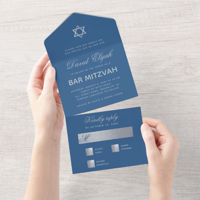 Bar Mitzvah Azul Clássico Estrela Prata Falso Rote (Aba destacável)