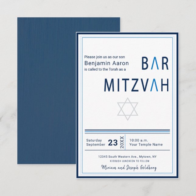 Bar Mitzvah Blue Stripe Modern Convite (Frente/Verso)