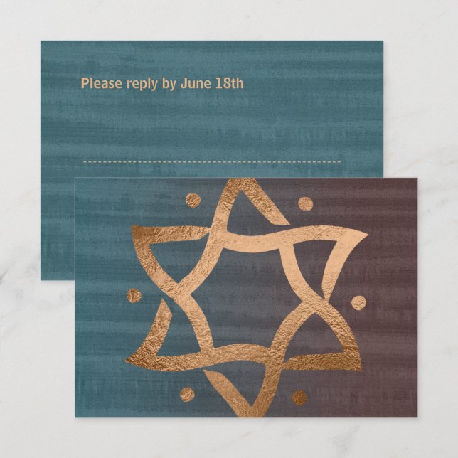 Bar Mitzvah Brown e Teal Copper Star RSVP (Frente/Verso)