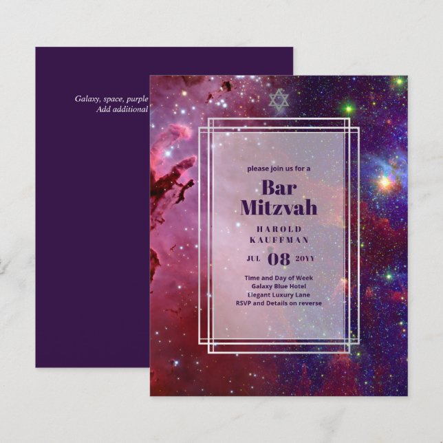 BAR MITZVAH CARDS Celestial CÉus Azul Galáxia Dour (Frente/Verso)