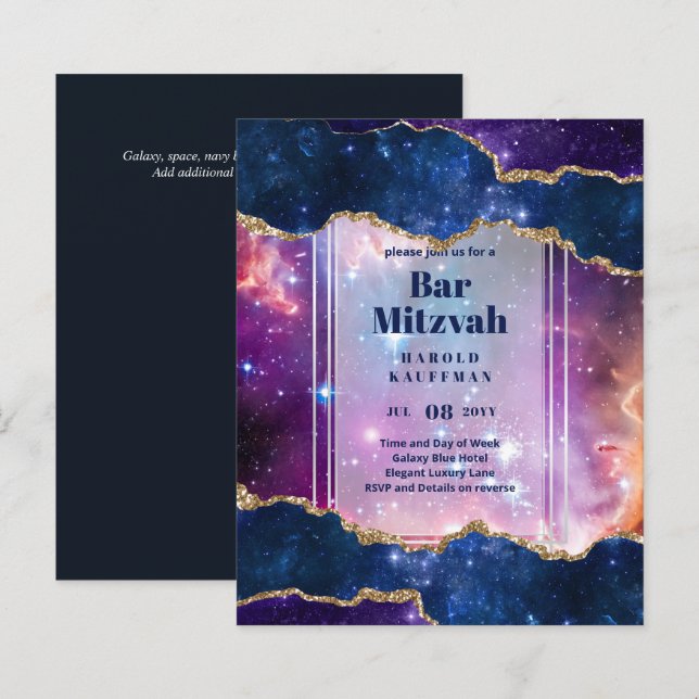 BAR MITZVAH CARDS Celestial CÉus Azul Galáxia Dour (Frente/Verso)
