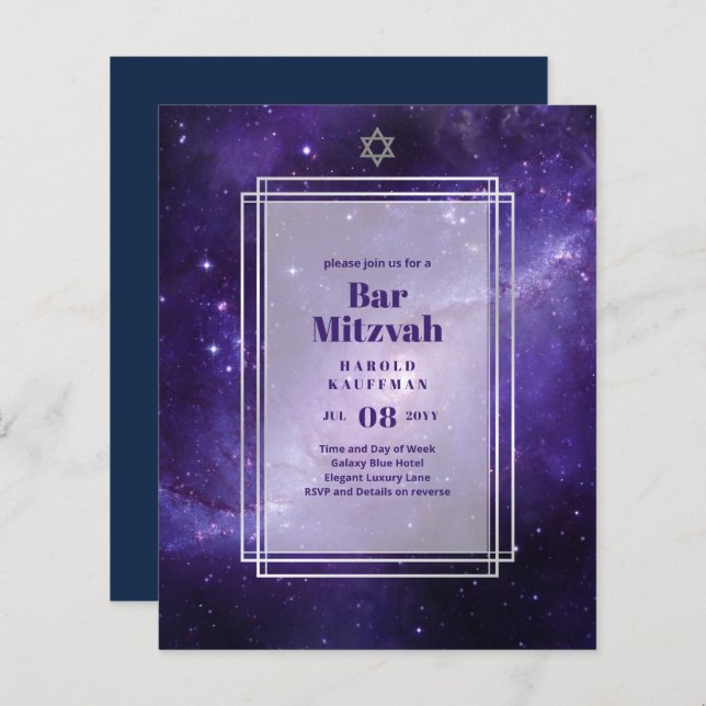 BAR MITZVAH CARDS Celestial CÉus Azul Galáxia Dour (Frente/Verso)