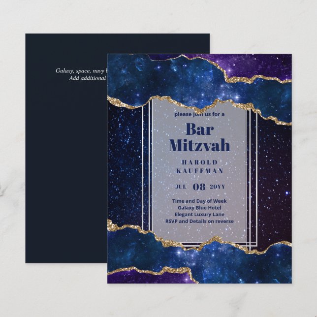 BAR MITZVAH CARDS Celestial CÉus Azul Galáxia Dour (Frente/Verso)