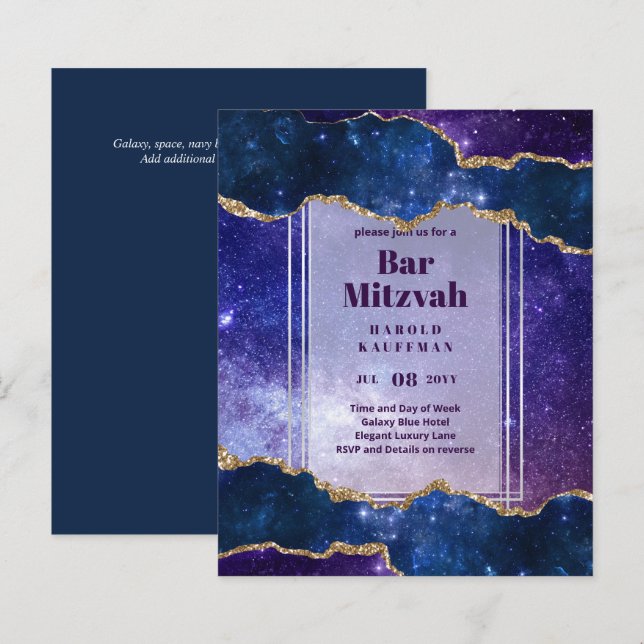 BAR MITZVAH CARDS Celestial CÉus Azul Galáxia Dour (Frente/Verso)