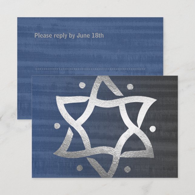 Bar Mitzvah Cinza e Blue Wooden Silver Star RSVP (Frente/Verso)
