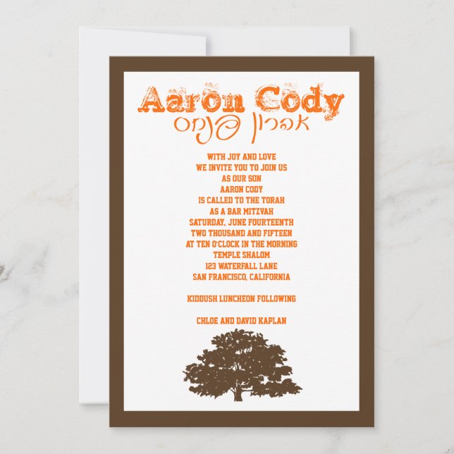 Bar Mitzvah Convite Aaron Tree of Life Orange (Frente)