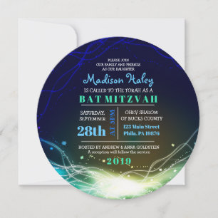 Bar Mitzvah Convite Azul Estrelas Neon Brilhantes