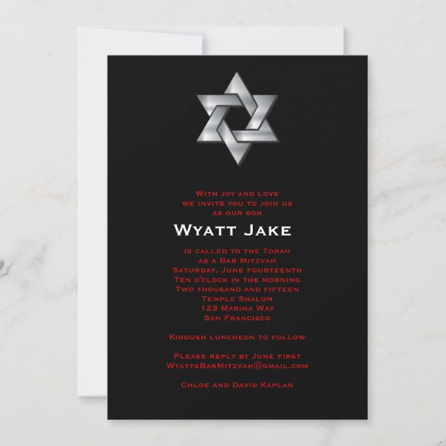 Bar Mitzvah Convite Wyatt Estrela Judia Negra (Frente)