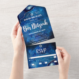Bar Mitzvah Galáxia Azul Ágata Aquarela Script