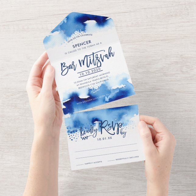 BAR MITZVAH moderno com letra azul em aquarela (Aba destacável)
