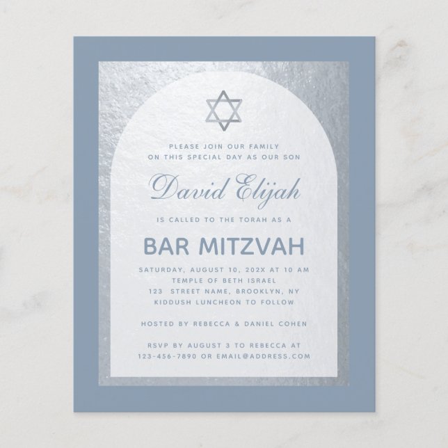 Bar Mitzvah Silver Dusty Blue Budget Convite (Frente)