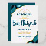 Bar Mitzvah Turquoise Agate Bold Script Real Doura<br><div class="desc">Tenha orgulho, alegria e mostre este marco do seu Bar favorito Mitzvah! Envie este convite legal, único, moderno, personalizado, em hebraico, de papel de ouro real para um evento a lembrar. Tipografia do roteiro azul-escuro, folha de ouro real e tipografia serifônica, e uma estrela de ouro de folha verdadeira de...</div>