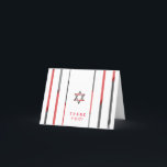 Bar Moderno Mitzvah Obrigado Cartões | Vermelho e<br><div class="desc">Bar moderno Mitzvah Obrigado Cartões em vermelho e preto. Estrela Decorativa de David na frente com uma design única legal. dentro de vazio para sua própria mensagem.</div>