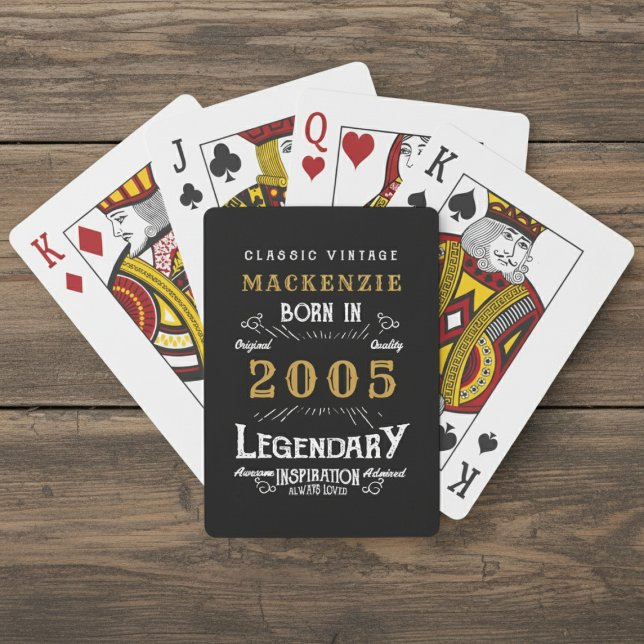 Baralho 21st Birthday Born 2005 Legend Black Gold (Born 2005 playing cards. Wood background.)