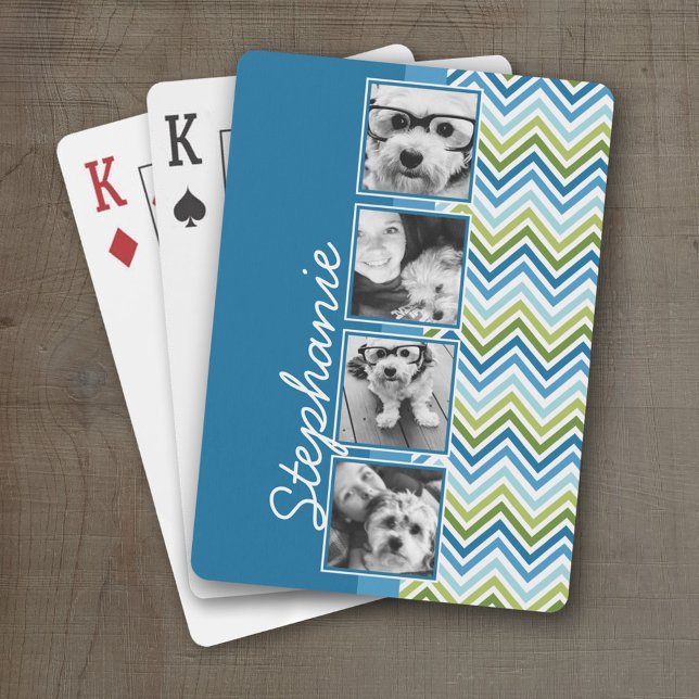 Baralho 4 Colagem de Fotos - Chevron Colorido Azul e Verde (Personalized Playing Cards)