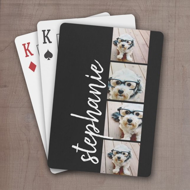 Baralho 4 Colagem de Fotos - Layout de Faixa de Filme - pr (Personalized playing cards with 4 photos and name - film strip layout)