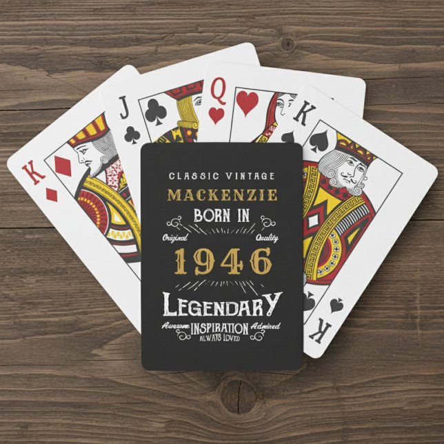 Baralho 80th Birthday Born 1946 Legend Black Gold (Born 1946 playing cards. Wood  background.)