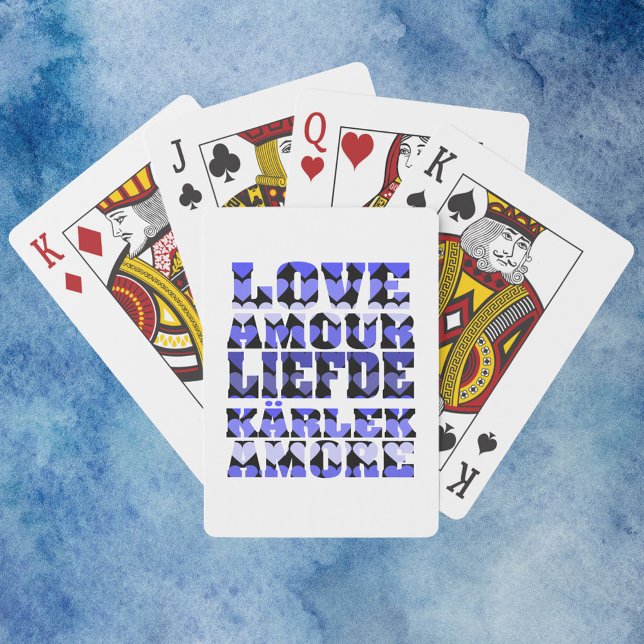 Baralho Amor em línguas diferentes Corações Azul (A deck of playing cards that says love in a pattern of blue hearts.)