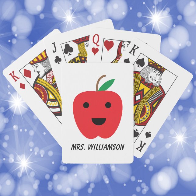 Baralho Apple Cute Red Kawaii Personalize (Playing cards with a cute kawaii red apple and text that can be customized!)