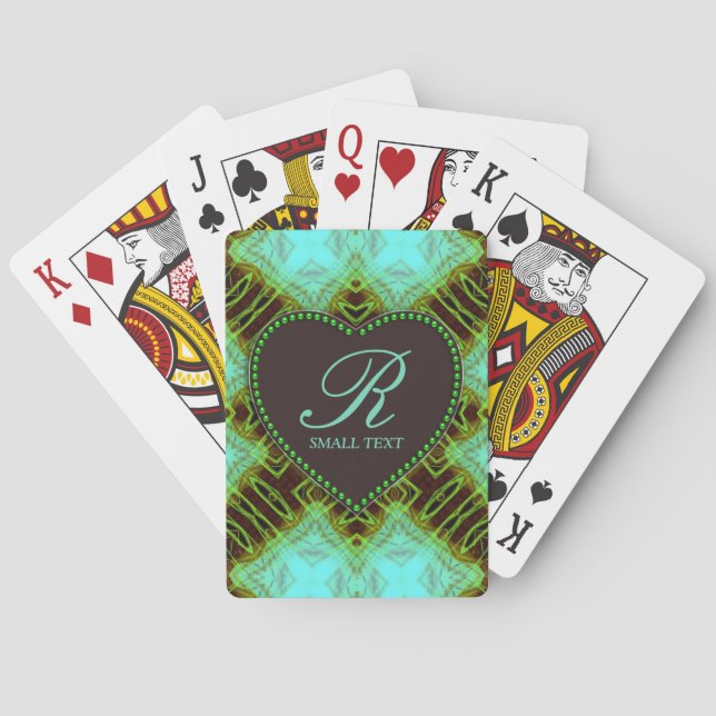 Baralho Aqua Earthy Chocolate Monograma Cartões de Coração (Verso)