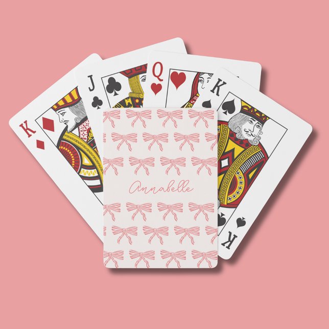 Baralho Arcos cor-de-rosa e vermelho-listrados (Girls blush pink coquette striped bow playing cards with script first name. Address to reverse.)