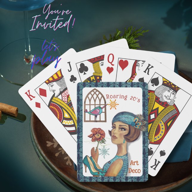 Baralho Arrastamento 20 da Arte Trim Azul (Roaring 20's Art Deco Blue Trim Poker Cards)